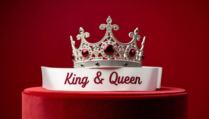 Crown and satin sash for Prom King & Queen on velvet podium, elegance.