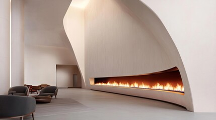 Luxury hotel lobby with a futuristic linear fireplace stretching across the room