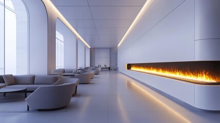 Luxury hotel lobby with a futuristic linear fireplace stretching across the room
