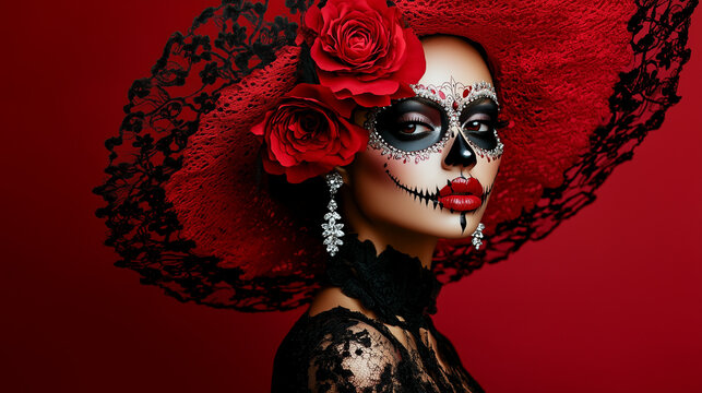 Glamorous Latin Woman Dressed as La Catrina with Artistic Skull Makeup, Wide-Brim Hat, and Elegant Gothic Fashion for D&iacute;a de los Muertos, Day of the Dead and Halloween