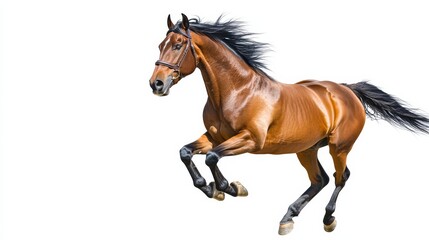 Bay Horse in Motion Running and Jumping on White Background, horse , animal