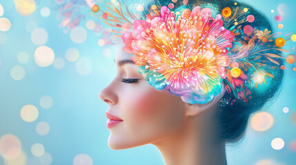 Woman's Portrait with Colorful Flowers on Head, Collage Concept of Brain, Positive Thoughts, Emotions and Mental Health Awareness, Inner Strength and Well-Being.