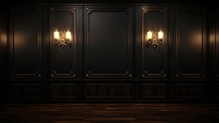 Dark Wood Paneling with Gold Accents and Wall Sconces, interior design, wood wall