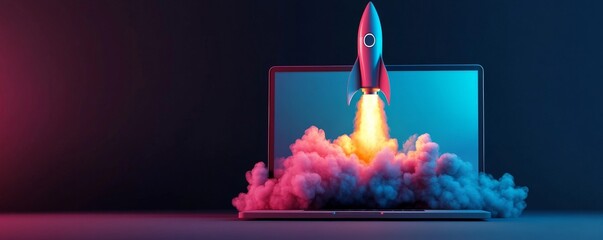 Laptop Rocket Launch, Startup ,Technology