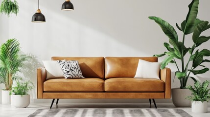 Mid-Century Modern Living Room with Brown Leather Sofa, White Walls, and Greenery, interior design, living room