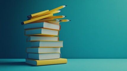 Stack of Books with Pencils on Top, Blue Background, Education, Books