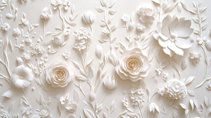 White Paper Flowers on a White Background, Paper Craft, 3D Flowers, Floral Design , paper art