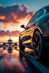 Luxury black car with glossy alloy rims in the foreground, commercial jet in the background, perfect for luxury travel agencies offering seamless travel experiences with elegance and speed

