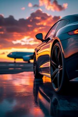 Sleek black car with glossy alloy rims and a reflective surface, set against a vibrant sunset sky and a commercial jet on the runway, ideal for luxury travel agencies showcasing speed and elegance


