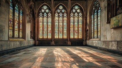 Obraz premium Majestic Gothic Interior With Colorful Stained Glass Windows