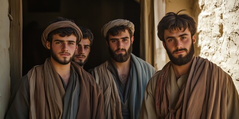 Naklejka premium Ancient Rivals: Captivating Faces of Esau and Yaqub in the Village Hut