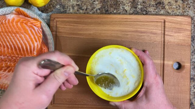 preparing a mixture for salting salmon fish from