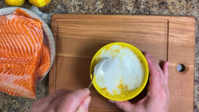 preparing a mixture for salting salmon fish from