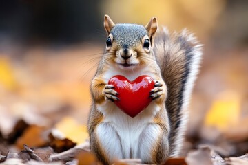 Obraz premium Cute squirrel baby with animal toy red heart on in a natural habitat. Ad campaign animal creative. Squirrel - my cherished animal. Wild lovebirds in nature. Natural heart symbol. Wild love.