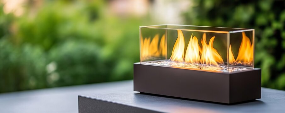 Outdoor bio-ethanol fireplace with glass panels and soft glowing flames