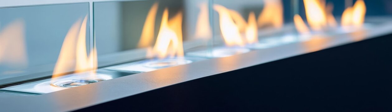 Outdoor bio-ethanol fireplace with glass panels and soft glowing flames