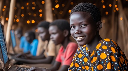 Children Engaged in Computer Learning at a Community Center During an Educational Program in a Vibrant Environment