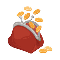 Gold coins falling into red purse. Financial and investment symbol of money, game asset, payment sign, gambling or banking. Vector illustration isolated on transparent background.