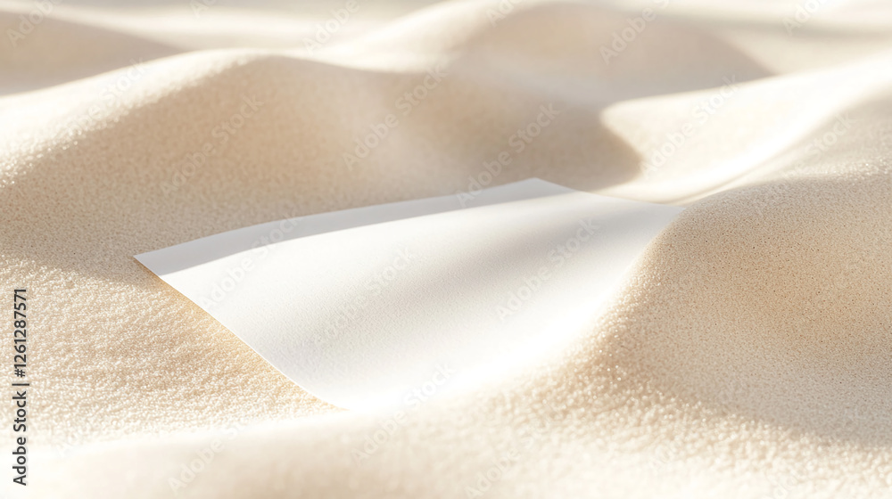 Poster a blank piece of paper resting on a soft surface of sand, symbolizing an opportunity for creativity,