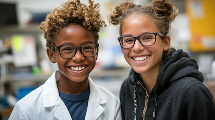 Two Smiling Children Wearing Glasses in a Classroom Setting Engaged in a Fun and Educational Activity During the Daytime