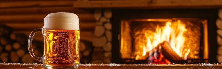 Fototapeta premium A beer mug rests on a wooden surface beside a crackling fireplace in a snug winter cabin, radiating warmth and inviting relaxation on a chilly evening