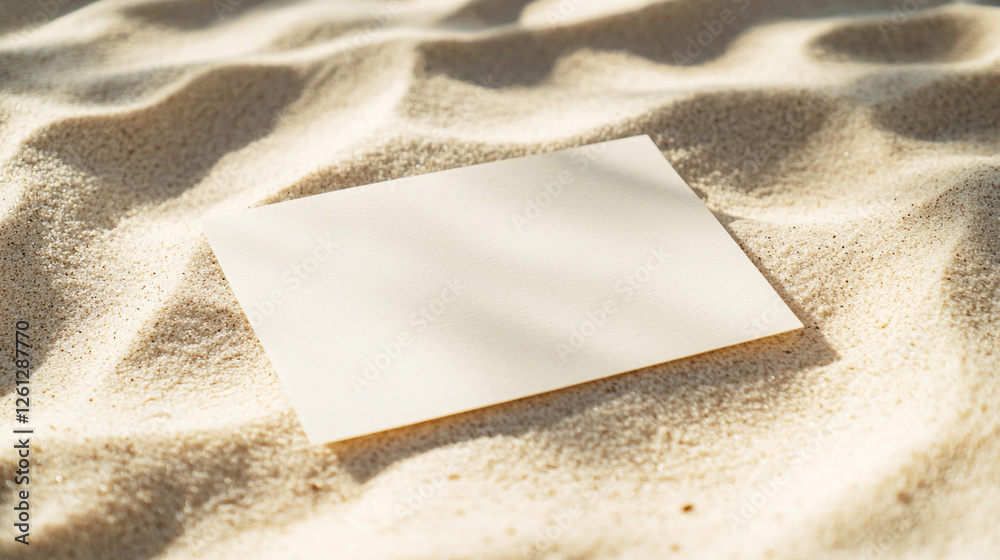 Poster a blank piece of paper lying on soft, golden sand, symbolizing creativity and potential in a calm an