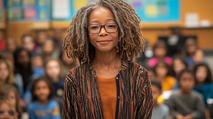 Inspiring Educator Stands Proudly in Front of a Diverse Classroom of Enthusiastic Students During a Vibrant Learning Session