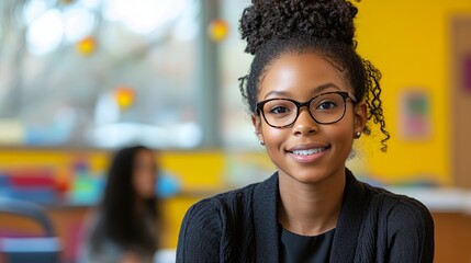 Confident Young Girl Poses for a Portrait in a Colorful Classroom Environment During Daylight