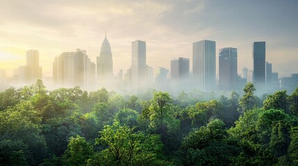 Obraz premium Urban jungle skyscrapers amidst lush greenery cityscape dawn light serenity a blend of nature and architecture