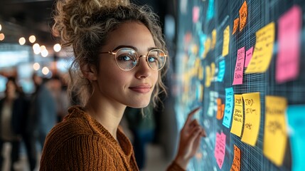 Creative Brainstorming Session With a Woman Organizing Sticky Notes in a Collaborative Workspace Filled With Bright Decor and Bustling Energy