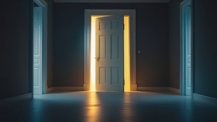 Minimalist interior scene with partially open muted gray door, sunlight casting warm glow on wooden floor and walls, emphasizing elegant paneling and dramatic interplay of light and shadow

