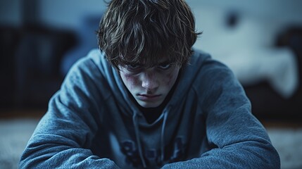 Obraz premium Intense Contemplation of a Young Person in a Dimly Lit Room During Late Evening Hours
