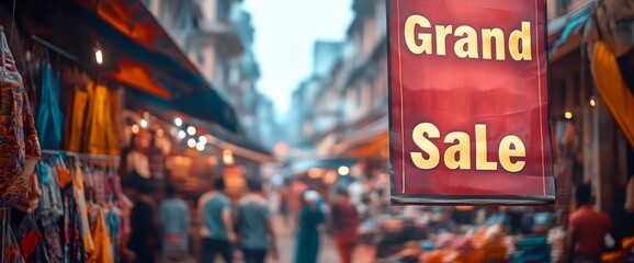 Crowded market buzzes with shoppers as a large banner with the text Grand Sale draws attention. Stalls filled with goods create a lively atmosphere for bargain hunting