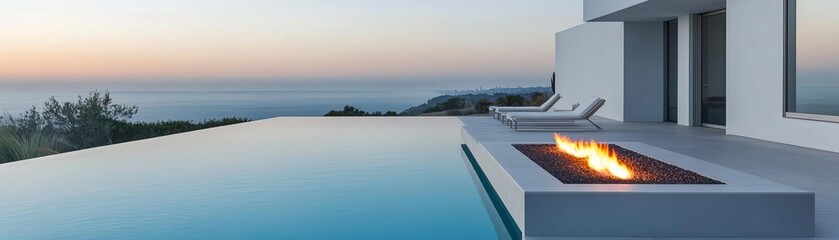 Obraz premium Sleek poolside fire feature integrated into a minimalist infinity pool design