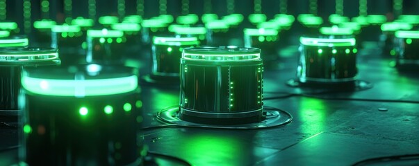 High-capacity lithium-ion batteries glowing with neon green light for futuristic energy storage.