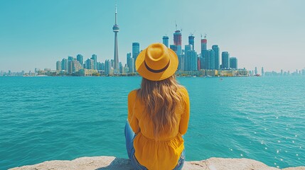 Woman Wearing a Yellow Shirt and Hat Enjoys a Sunny Day by the Waterfront in Toronto With Skyline in View