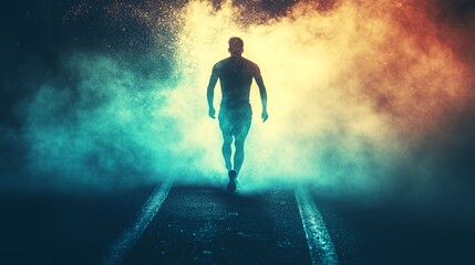 Naklejka premium Runner Moves Through Vibrant Fog During Nighttime Training Along an Empty Track