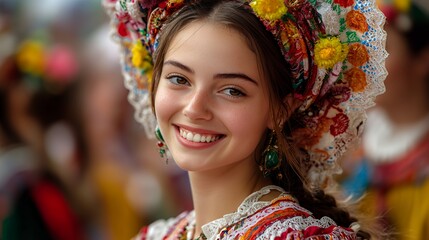 Fototapeta premium Young Woman in Traditional Costume Smiles Brightly During a Cultural Festival Celebration in a Vibrant Setting Filled With Colorful Decorations