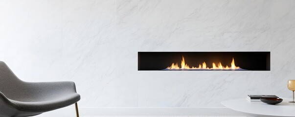 Ultra-modern linear gas fireplace embedded in a sleek white marble wall
