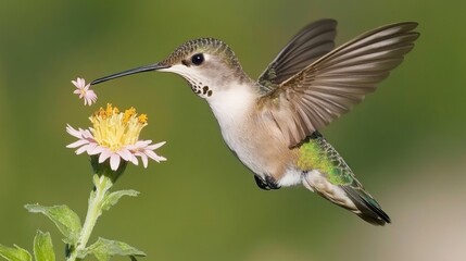 Delicate Hummingbird Feeding on Pink Flower in Natural Habitat