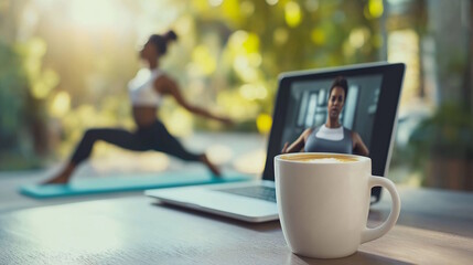 Morning routine with coffee on desk and yoga session in background