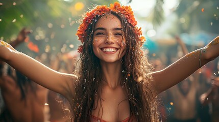 Young Woman Celebrates Joyfully in Vibrant Festival Setting With Floral Crown and Playful Atmosphere During Daylight Hours
