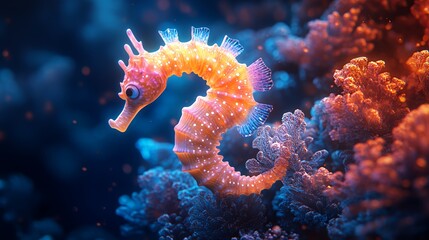 Vibrant Seahorse Gracefully Swims Among Colorful Coral Reefs in a Serene Underwater Environment During Daylight Hours