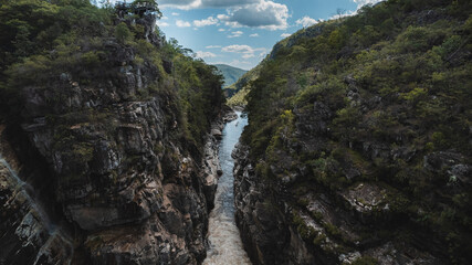 aerial view of Chapada dos Veadeiros National Park, canyons, river, waterfalls, Goias, Brazil, sunny day, Alto Paraiso de Goias