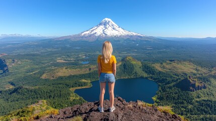 Naklejka premium Woman admires volcano view, lake, summit. Travel website banner