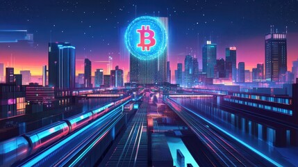 Obraz premium A futuristic skyline with digital ATMs and floating Bitcoin light