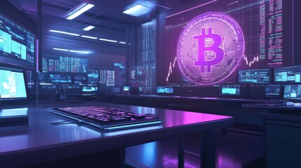 Obraz premium A sleek workspace with real-time cryptocurrency data projections