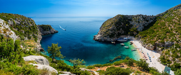 Albania, Vlorë County, Grama bay - 13 August 2024 - Spectacular color overview of Grama Bay from...
