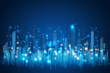 Fototapeta premium A digital-themed background featuring a futuristic cityscape with high-rise buildings, representing a modern metropolis. 