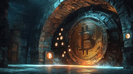 Fototapeta premium Ancient stone walls surround a fortified Bitcoin vault